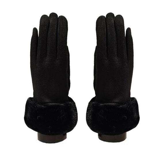 Black faux suede glove with black faux fur cuff with touch