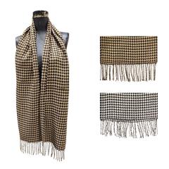 Houndstooth Cashmere Touch Muffler scarf with fringe - Tan/Black and W…